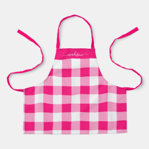 Modern magenta gingham script name apron