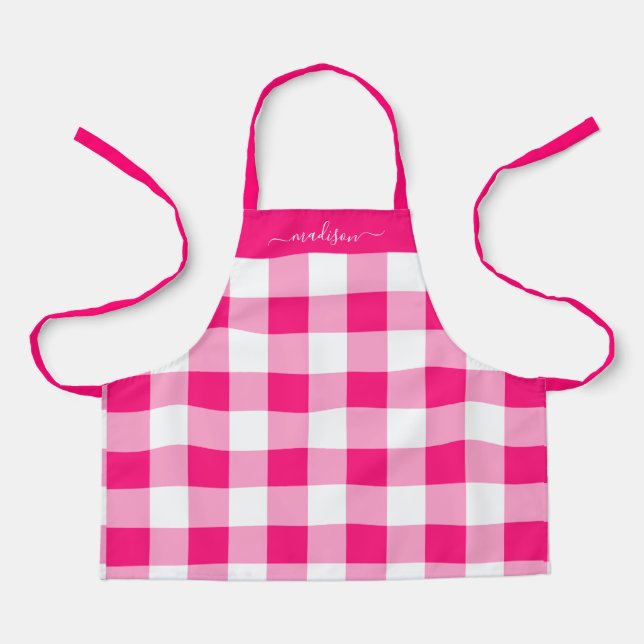Modern magenta gingham script name apron (Front)