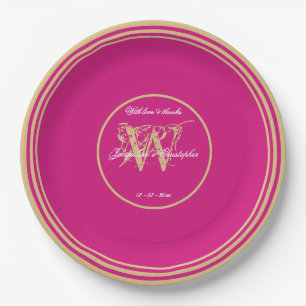 Modern Magenta + Gold Monogram Chic Wedding Paper Plates