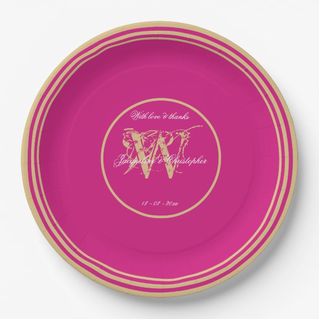 Modern Magenta + Gold Monogram Chic Wedding Paper Plates (Front)