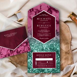 Modern Magenta Marble Teal Glitter Wedding All In One Invitation