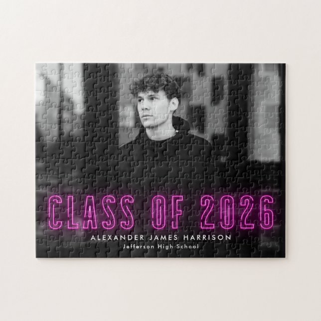 Modern Magenta Neon Class of 2026 Graduation Photo Jigsaw Puzzle (Horizontal)