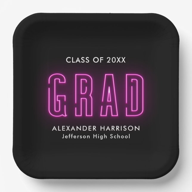 Modern Magenta Neon Graduation Paper Plates (Front)