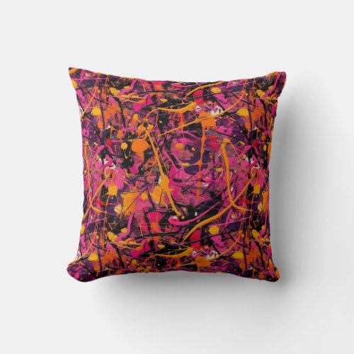 Modern Magenta Orange paint splatter Throw Pillow