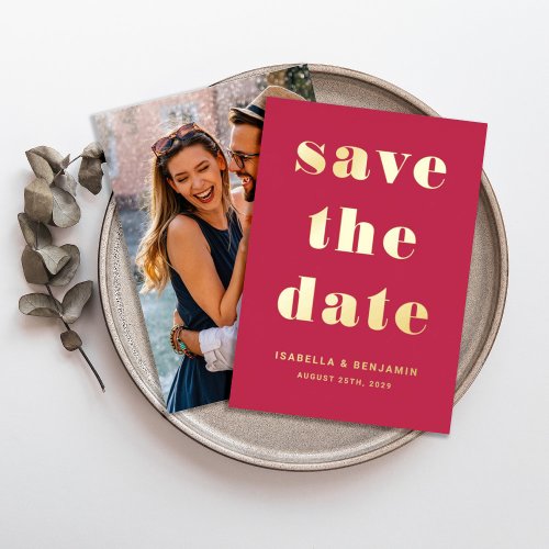 Modern Magenta Photo Save The Date Gold Foil Foil Invitation