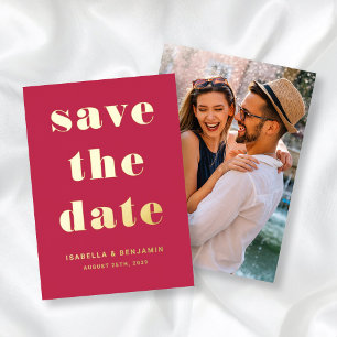 Modern Magenta Photo Save The Date Gold Foil Invitation