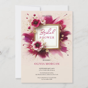 Modern magenta pink flowers gold frame Bridal Invitation