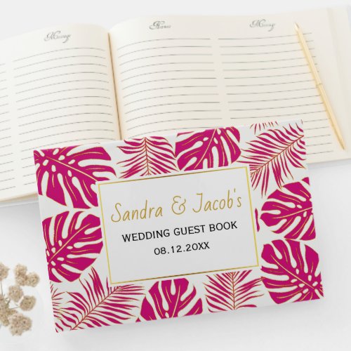 Modern magenta pink gold tropical leaves wedding guest book
