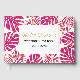 Modern magenta pink, gold tropical leaves wedding guest book