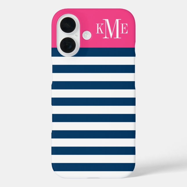 Modern Magenta Pink Navy Stripes Custom Monogram Case-Mate iPhone Case (Back)