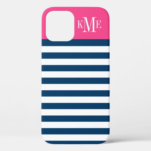 Modern Magenta Pink Navy Stripes Custom Monogram iPhone 12 Case