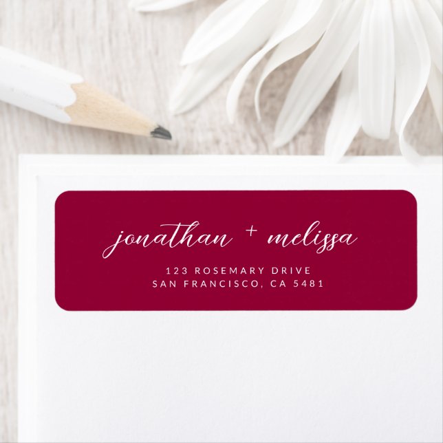 Modern Magenta Red Cursive Script Wedding Address Label (Insitu)