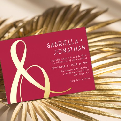 Modern Magenta Red Gold Ampersand Wedding Foil Invitation