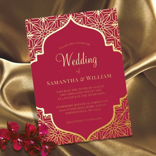 Modern Magenta Red Gold Wedding Foil Invitation