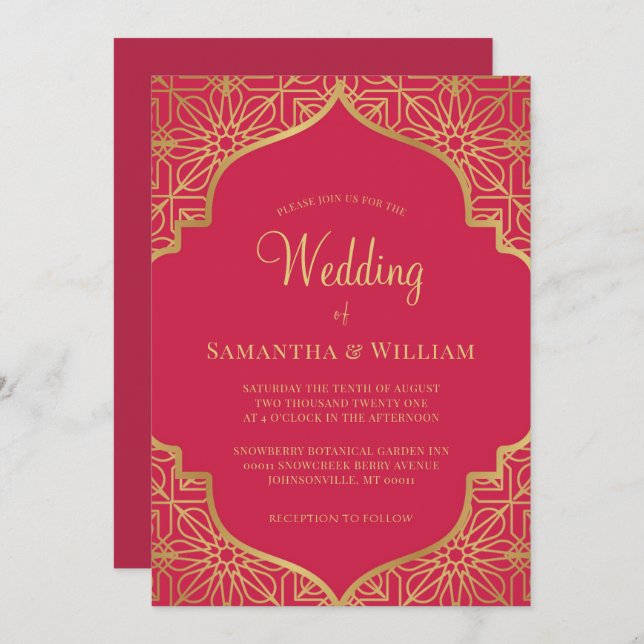 Modern Magenta Red Gold Wedding Invitation (Front/Back)