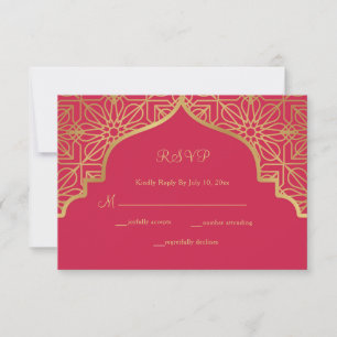 Modern Magenta Red Gold Wedding RSVP Card