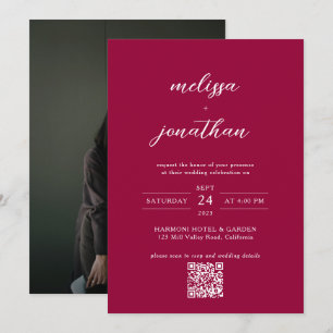 Modern Magenta Red Monogram QR code Photo Wedding Invitation