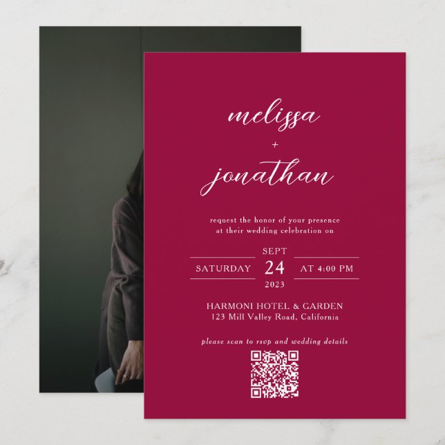 Modern Magenta Red Monogram QR code Photo Wedding Invitation (Front/Back)
