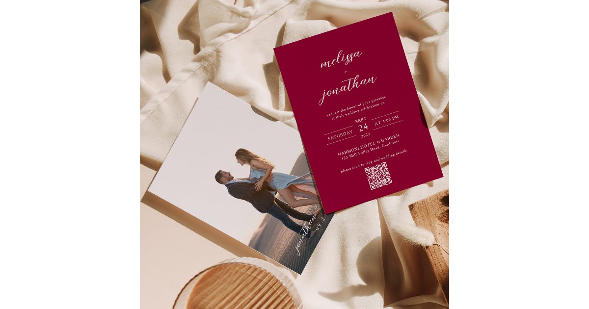 Red Photo Script Modern Magenta Red Photo Script QR Code Wedding Invitation | Zazzle