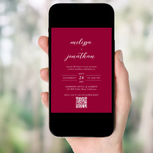 Red Photo Script Modern Magenta Red Photo Script QR Code Wedding Invitation | Zazzle