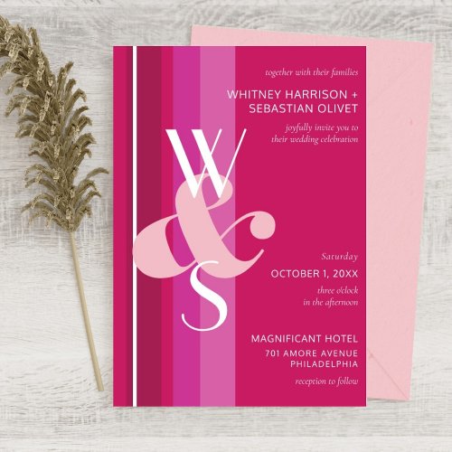 Modern Magenta Stripe Monogram Ampersand Wedding Invitation