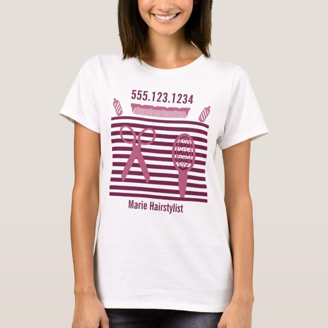 Modern Magenta Stripes Hairstylist  T-Shirt (Front)