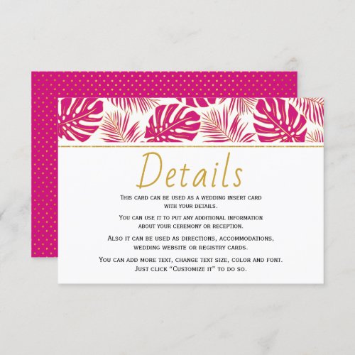 Modern magenta tropical leaves wedding details enclosure card