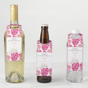 Modern magenyta pink, gold tropical leaves wedding bottle hanger tag