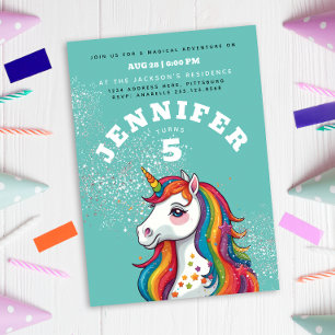 Modern Magical Rainbow Unicorn Horse On Aqua Blue Invitation