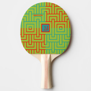 Modern Magneta Green Geometric Pattern Monogram    Ping Pong Paddle