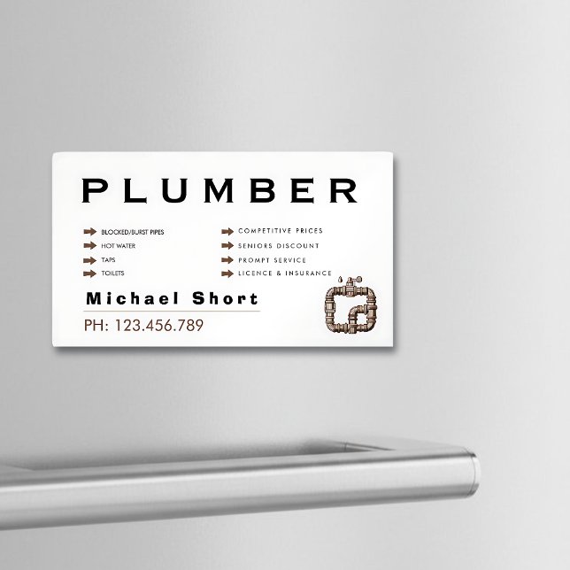 Modern Magnetic Black & Brown Plumber Business Card Magnet (Creator Uploaded)