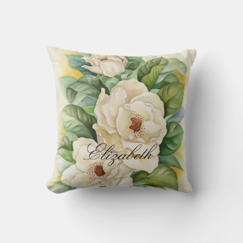 Modern Magnolia Add Name Script Floral Watercolor Throw Pillow