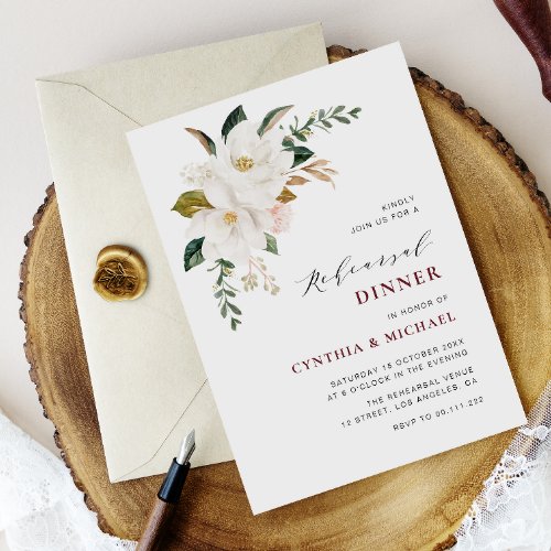 modern magnolia burgundy rehearsal dinner invitation