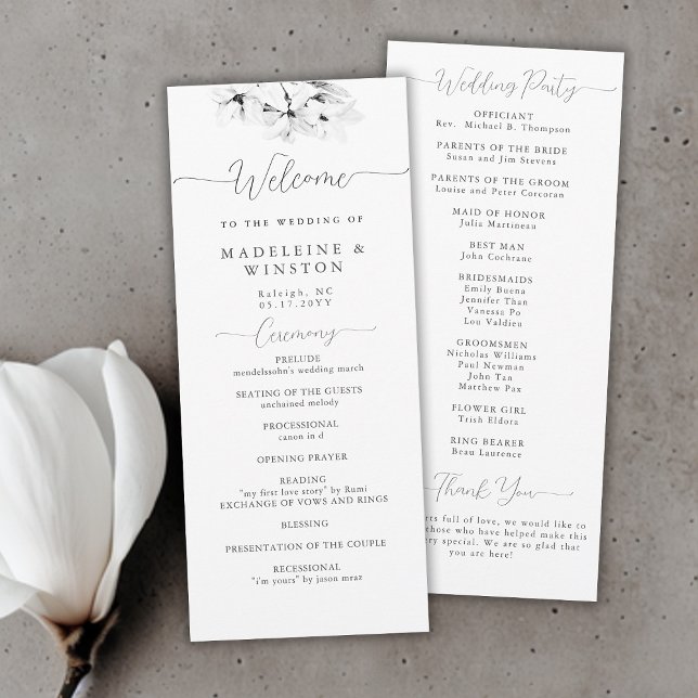 Modern Magnolia Chic Black White Wedding Program (modern classic magnolia wedding ceremony program black white calligraphy simple elegant classy)