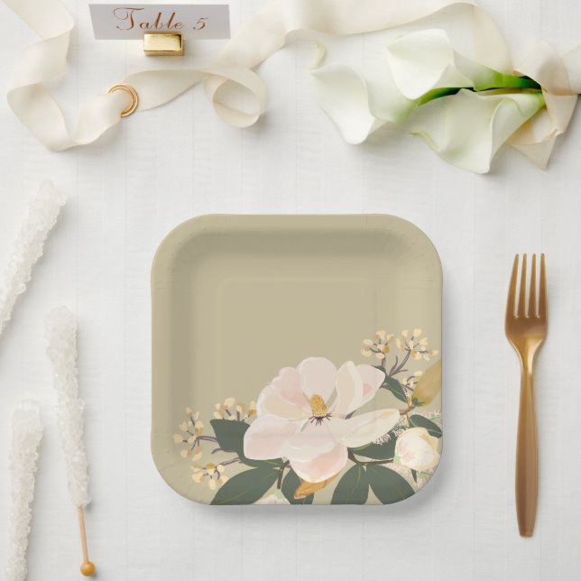 Modern Magnolia Floral Bouquet Custom Paper Plates (Wedding)