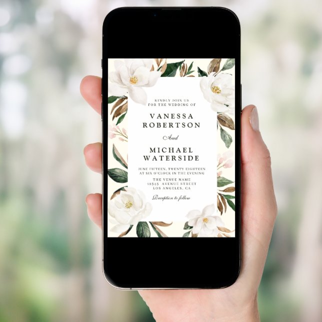 modern magnolia floral wedding invitation (Front Digital)