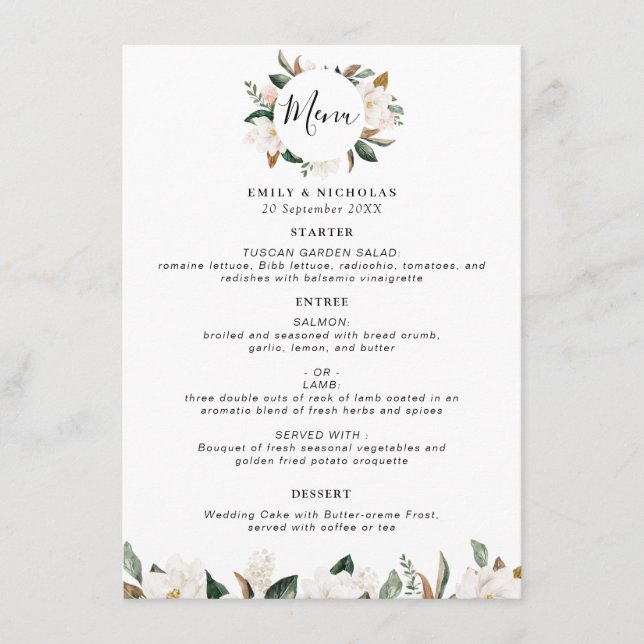 modern magnolia floral wedding menu (Front)