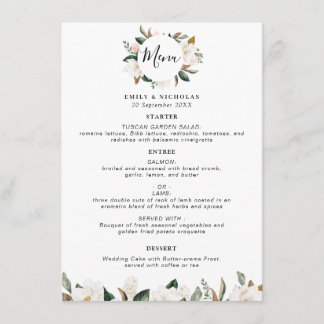 modern magnolia floral wedding menu