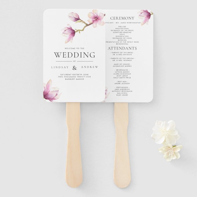Modern Magnolia Wedding Program Hand Fan (Front and Back)