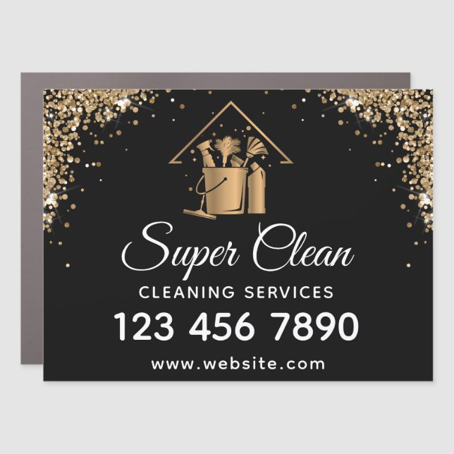 Modern Maid Cleaning House Sparkling Gold Glitter Car Magnet (Front)
