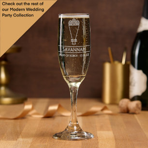 Modern Maid of Honor Custom Name with Bouquet Champagne Flute