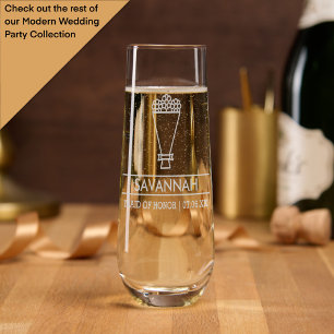 Modern Maid of Honor Custom Name with Bouquet Stemless Champagne Flute