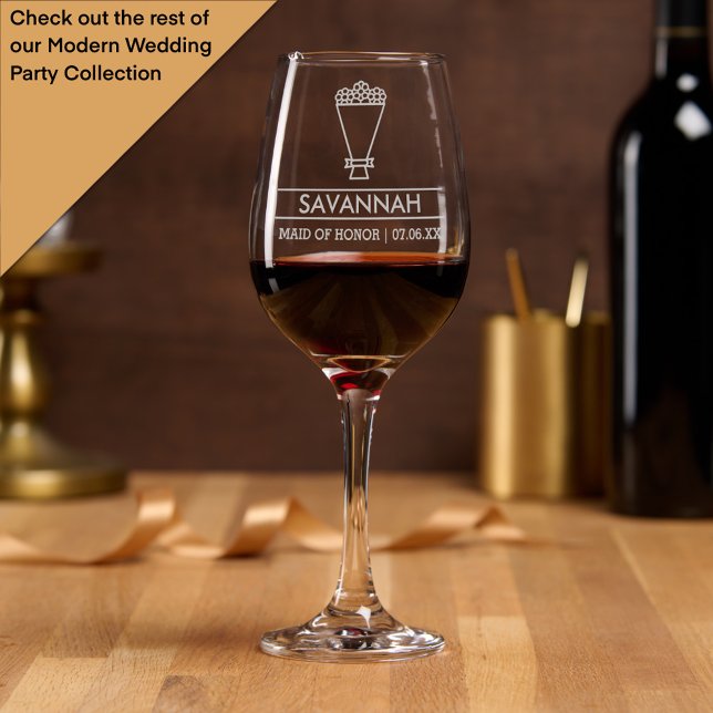 Modern Maid of Honor Custom Name with Bouquet  Wine Glass (Creator Uploaded)