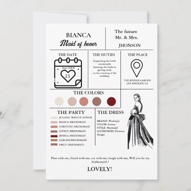 Modern Maid of honor info card bridal party  card  (Front)