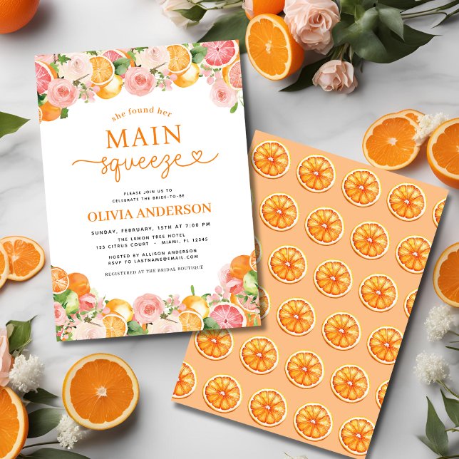 Modern Main Squeeze Citrus Bridal Shower Orange Invitation (Creator Uploaded)