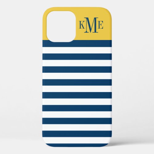 Modern Maize Yellow Navy Stripes Custom Monogram iPhone 12 Case