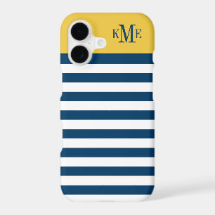 Modern Maize Yellow Navy Stripes Custom Monogram iPhone 17 Case