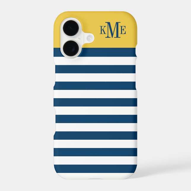 Modern Maize Yellow Navy Stripes Custom Monogram Iphone Case (Back)