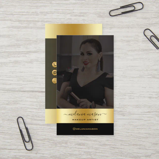 Modern Makeup Artist Black Gold Custom Photo Busi Business Card | Zazzle