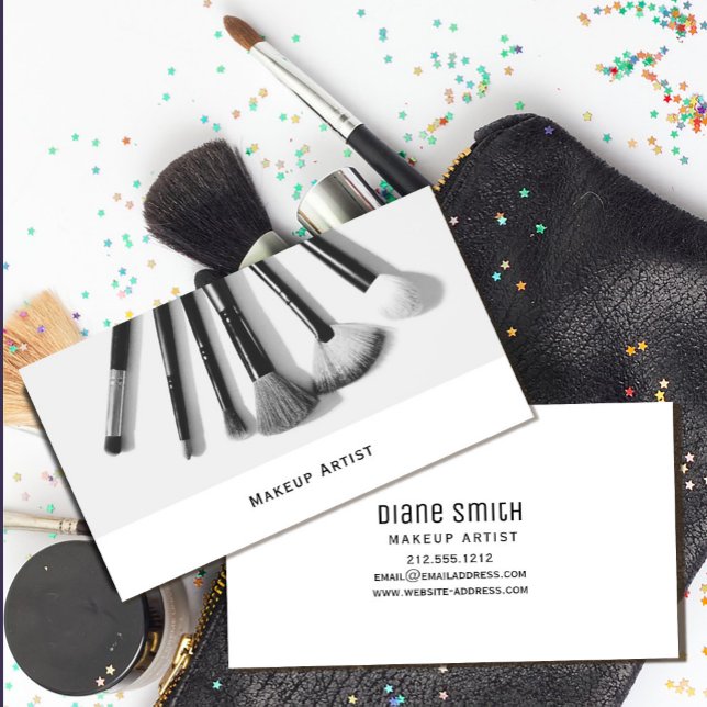 Modern Makeup Artist Business Card with Brush  (Modern Makeup Artist Business Card with Brush #zazzlemade #salonbusinesscard #blackandwhite #chic)